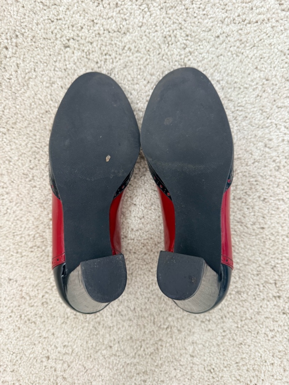 Ann Taylor Women's Two-Tone Black and Red Leather Block Heel Pumps - Picture 3 of 8